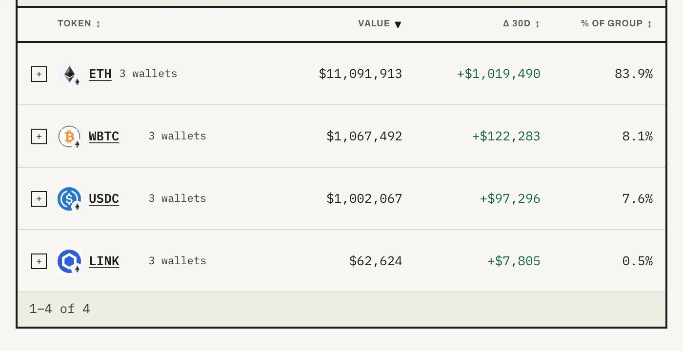Token balances grouped into one row per asset, each expandable into the wallets that hold it.